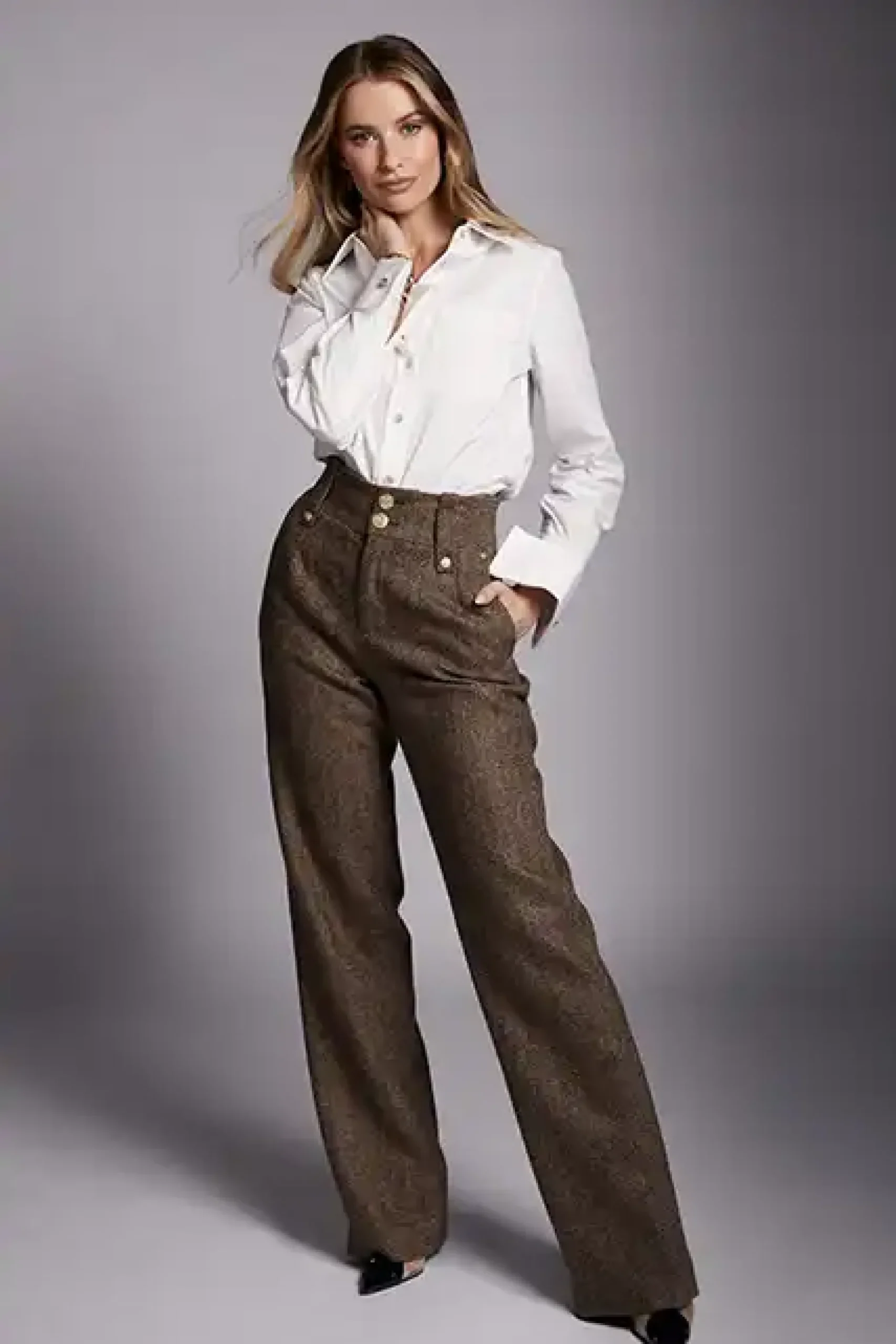 Holland Cooper High Waisted Straight Trouser Large Scale Brown Herringbone New