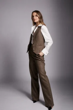 Holland Cooper High Waisted Straight Trouser Large Scale Brown Herringbone New