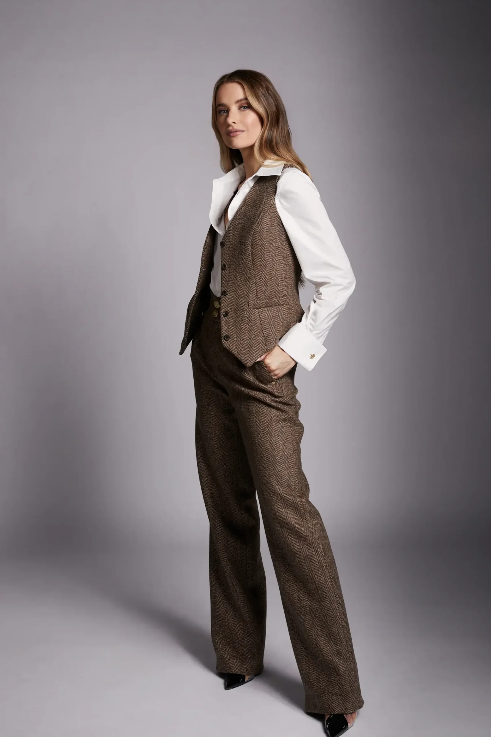 Holland Cooper High Waisted Straight Trouser Large Scale Brown Herringbone New