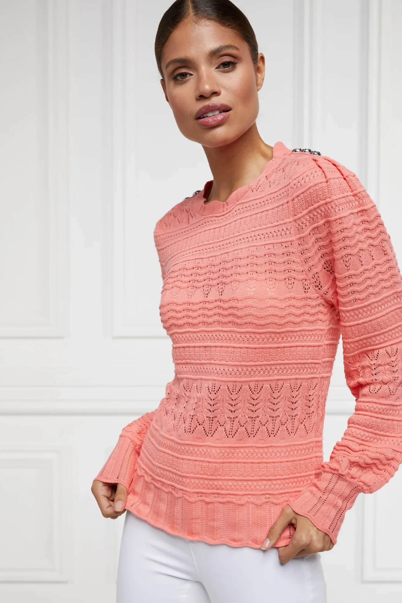 Holland Cooper Kelsie Pointelle Knit Coral Discount