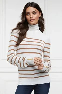 Holland Cooper Kelsie Roll Neck Knit Natural Camel Stripe Best