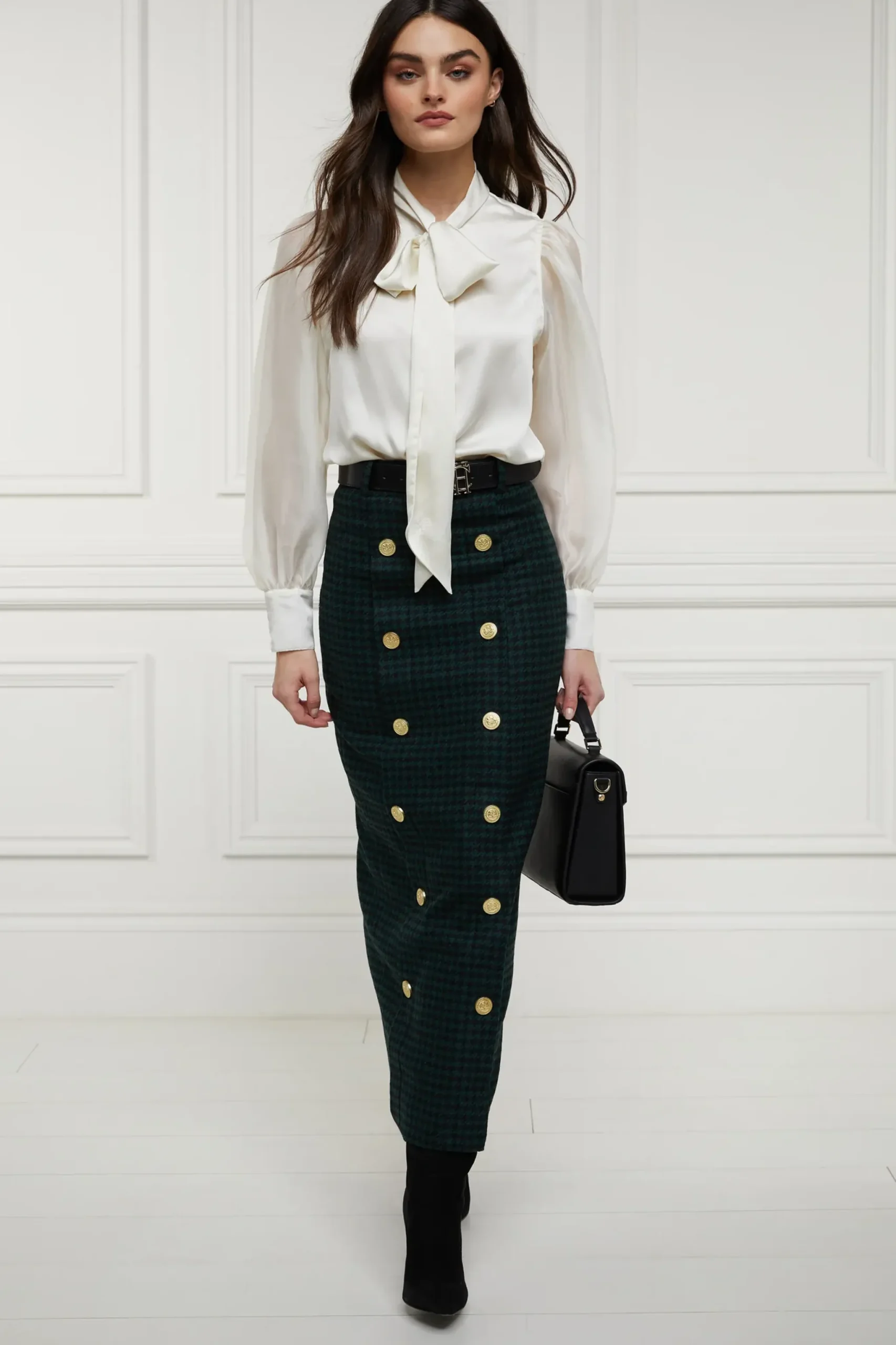 Holland Cooper Knightsbridge Maxi Skirt Emerald Houndstooth Clearance