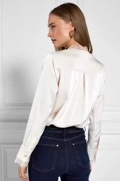 Holland Cooper Lace V-Neck Blouse Oyster New