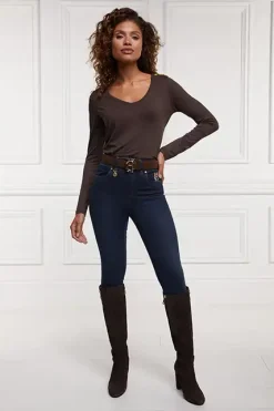 Holland Cooper Long Sleeve V-Neck Tee Coffee Hot