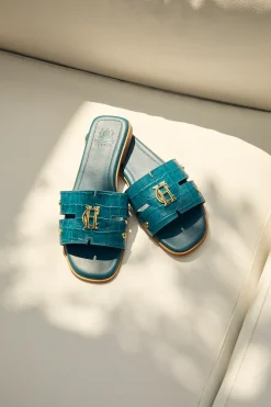 Holland Cooper Monogram Slides Teal Croc Best
