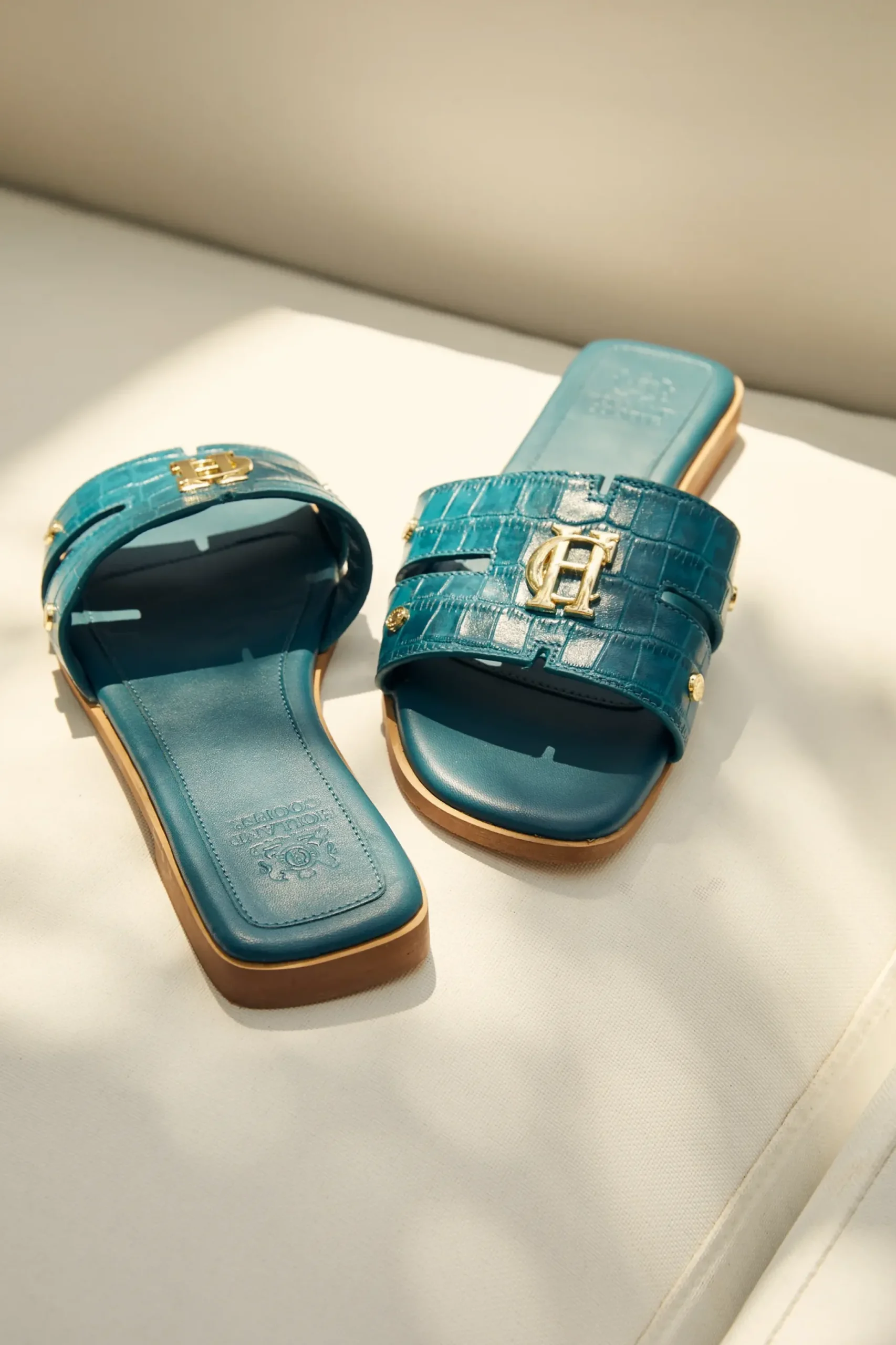 Holland Cooper Monogram Slides Teal Croc Best