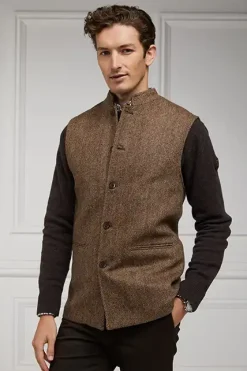 Holland Cooper Nehru Gilet Large Scale Brown Herringbone Outlet