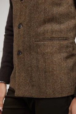 Holland Cooper Nehru Gilet Large Scale Brown Herringbone Outlet