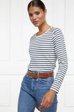 Holland Cooper Padstow Long Sleeve Crew Neck Tee Natural Ink Navy Stripe Best