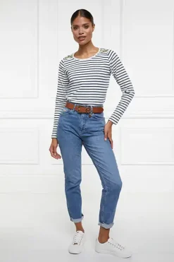 Holland Cooper Padstow Long Sleeve Crew Neck Tee Natural Ink Navy Stripe Best