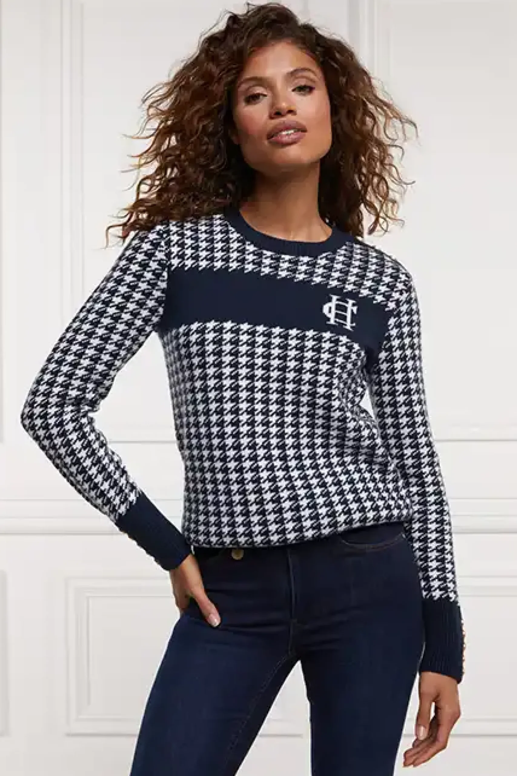 Holland Cooper Panel Crew Neck Knit Ink Navy Best