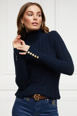 Holland Cooper Seattle Roll Neck Cable Knit Ink Navy Outlet