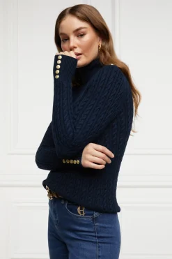 Holland Cooper Seattle Roll Neck Cable Knit Ink Navy Outlet