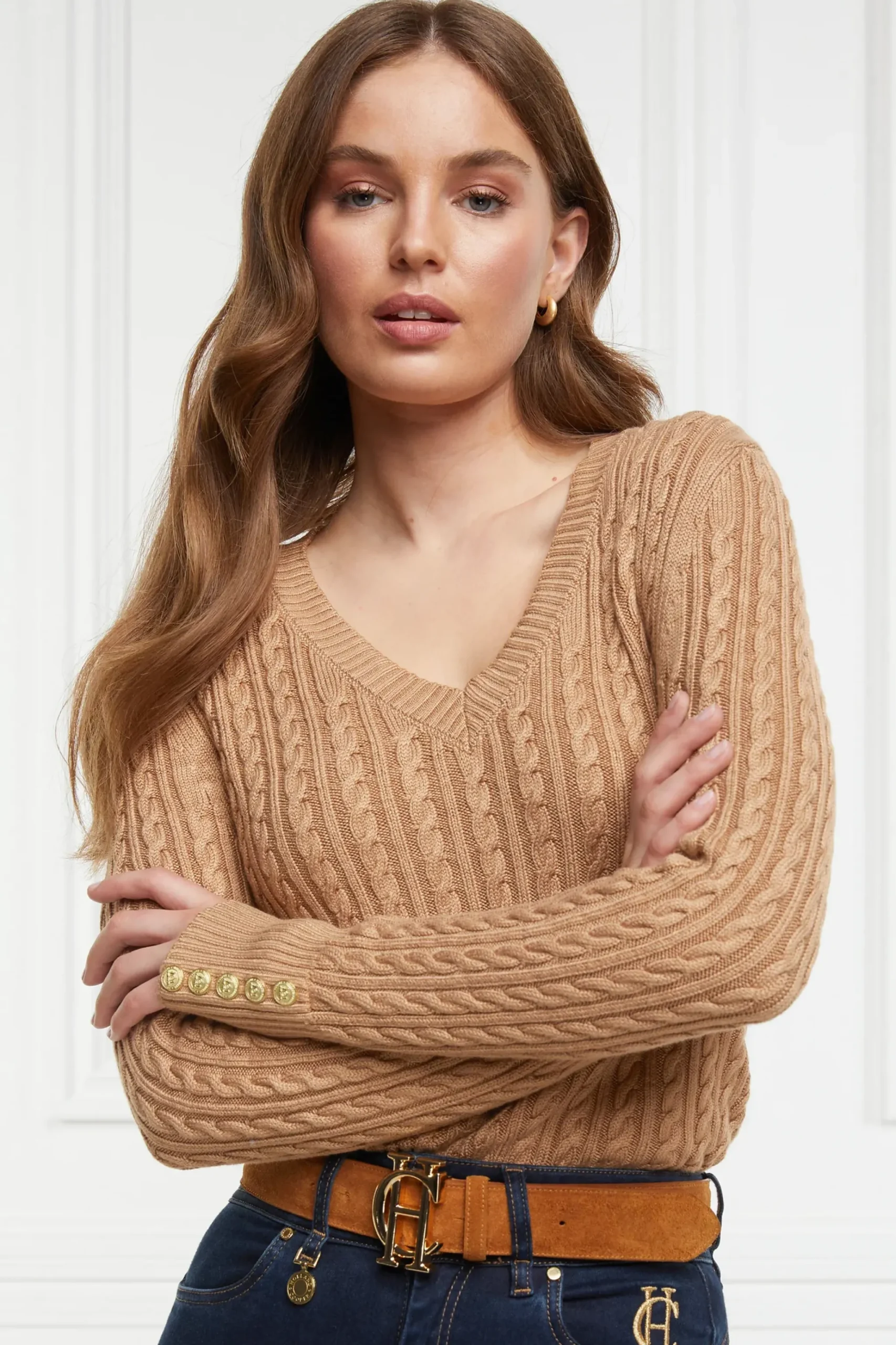 Holland Cooper Seattle V-Neck Knit Dark Camel Discount