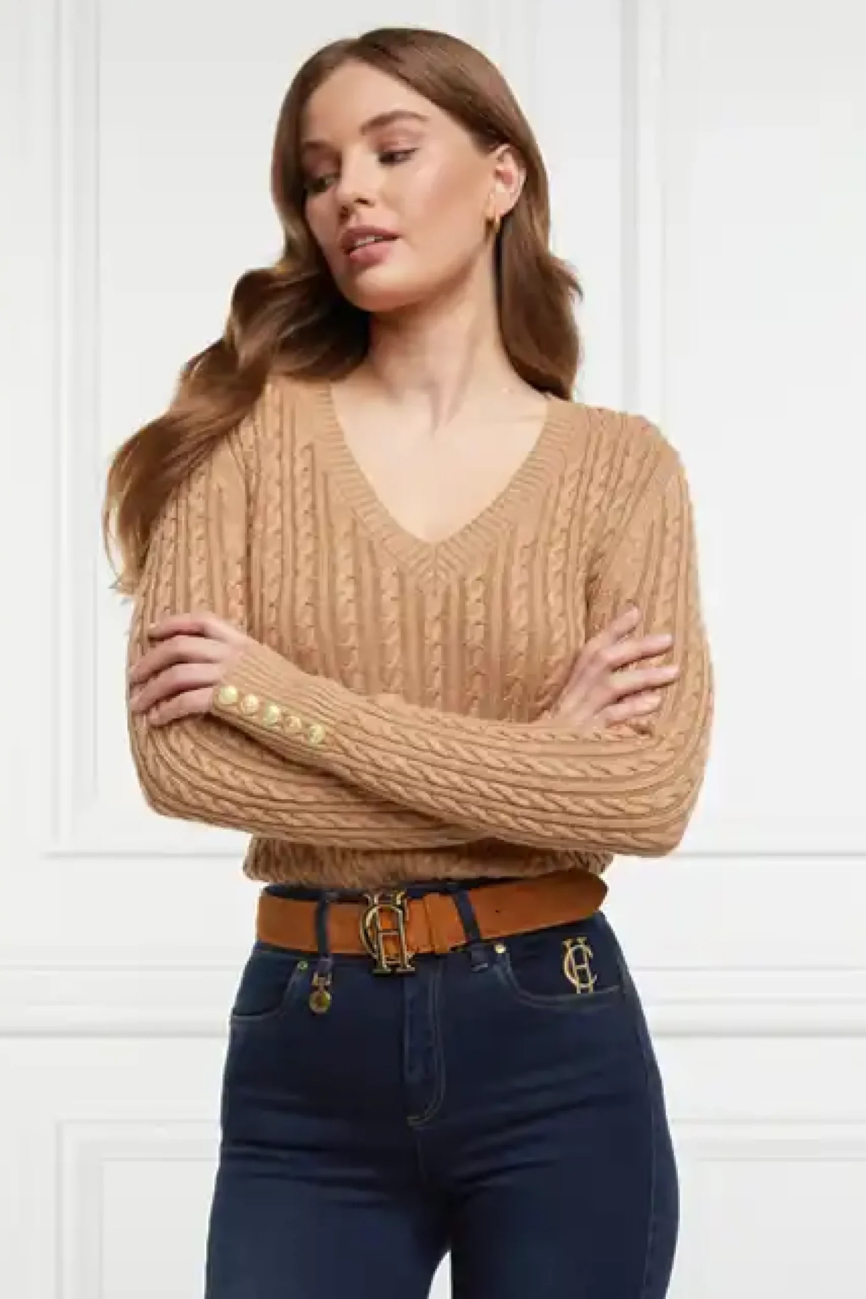 Holland Cooper Seattle V-Neck Knit Dark Camel Discount
