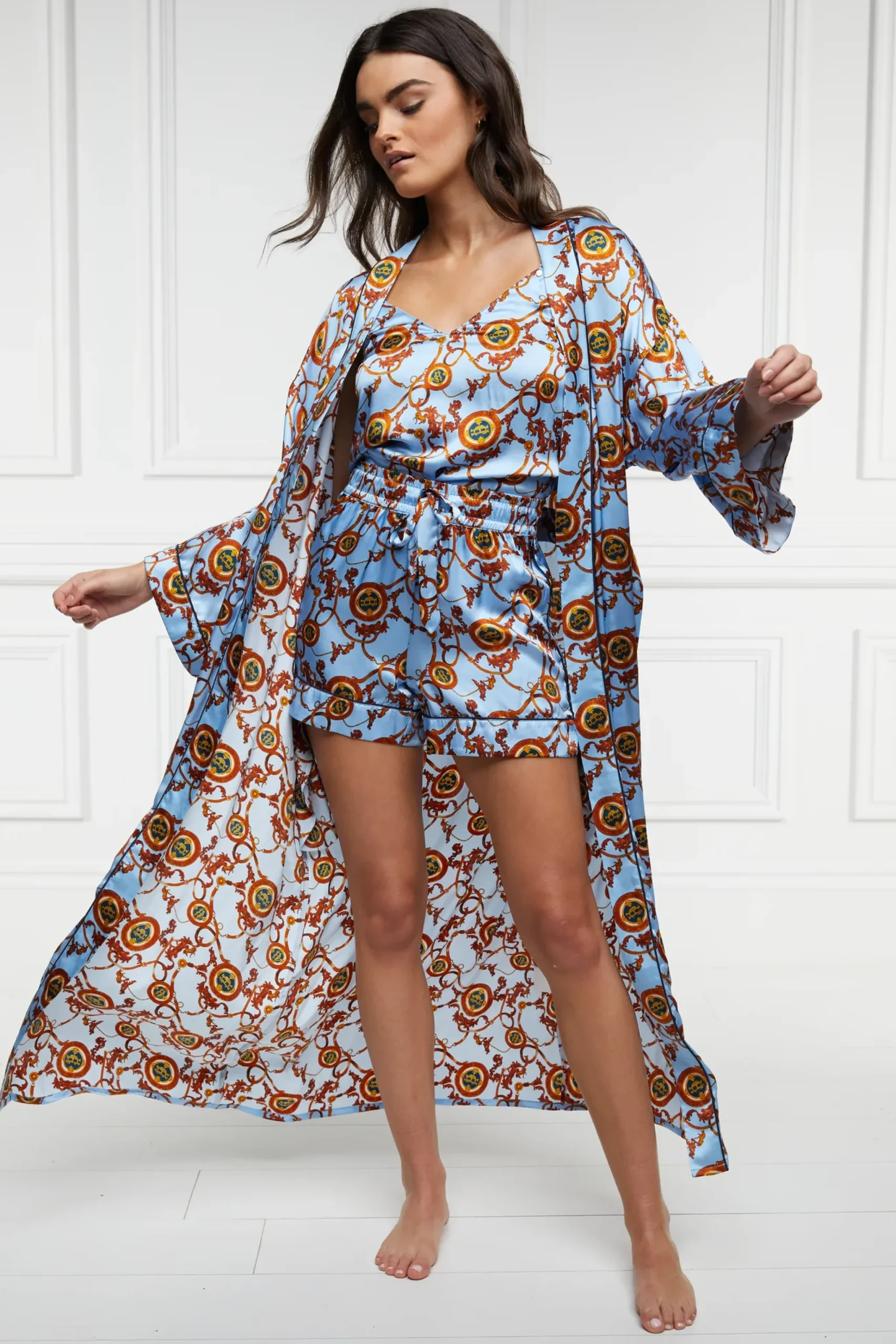 Holland Cooper Silk Full Length Dressing Gown Sky Blue Clearance