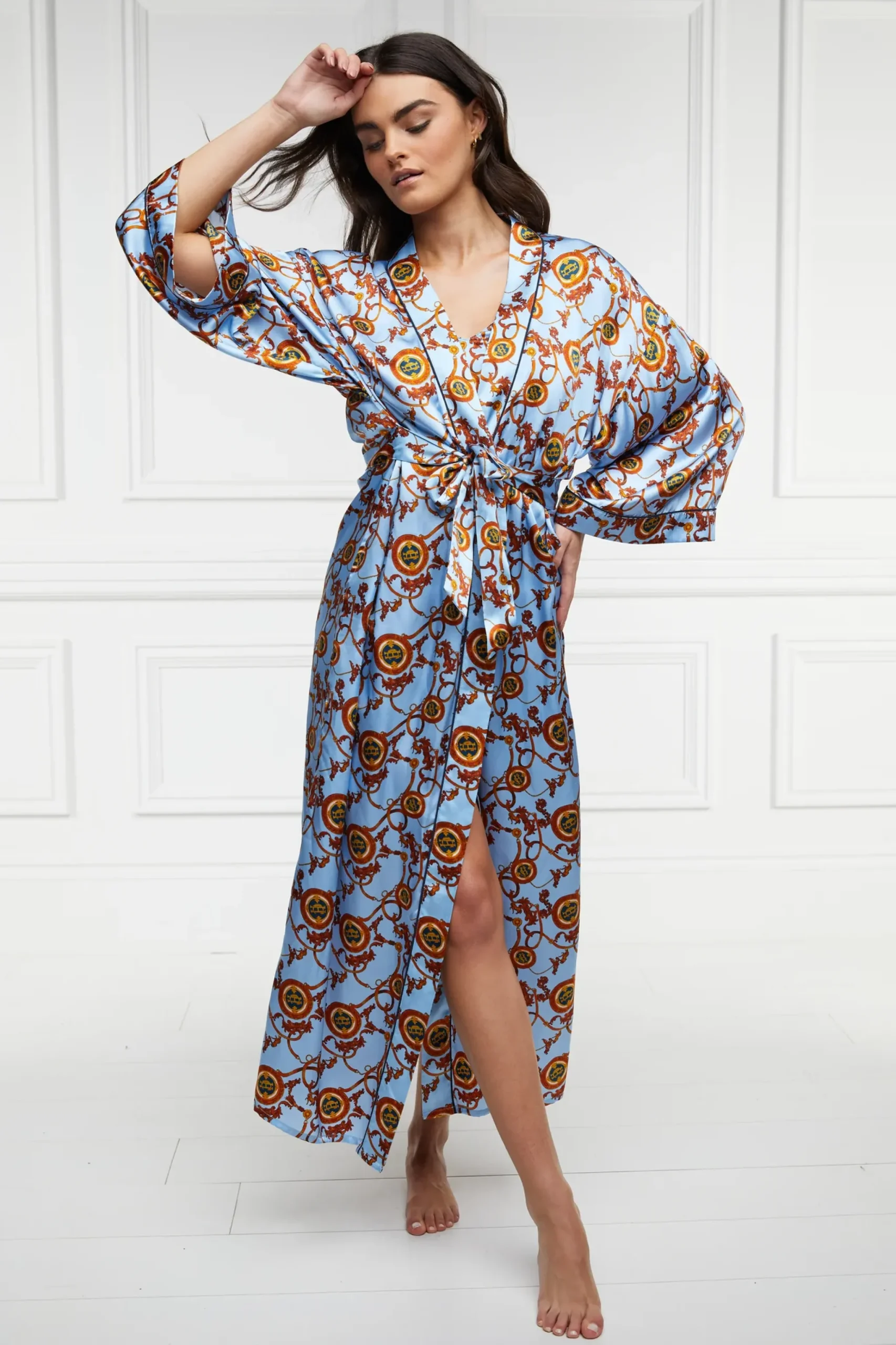 Holland Cooper Silk Full Length Dressing Gown Sky Blue Clearance