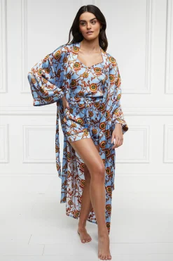 Holland Cooper Silk Full Length Dressing Gown Sky Blue Clearance