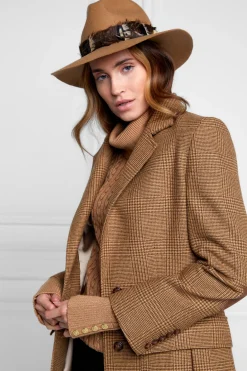 Holland Cooper Trilby Hat Iridescent Feather Band Camel Clearance