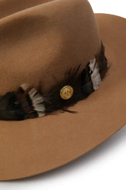 Holland Cooper Trilby Hat Iridescent Feather Band Camel Clearance