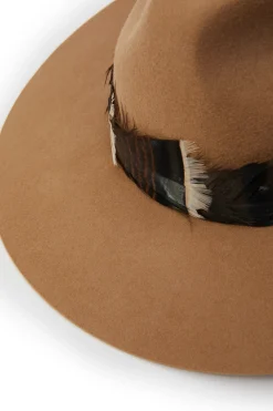 Holland Cooper Trilby Hat Iridescent Feather Band Camel Clearance