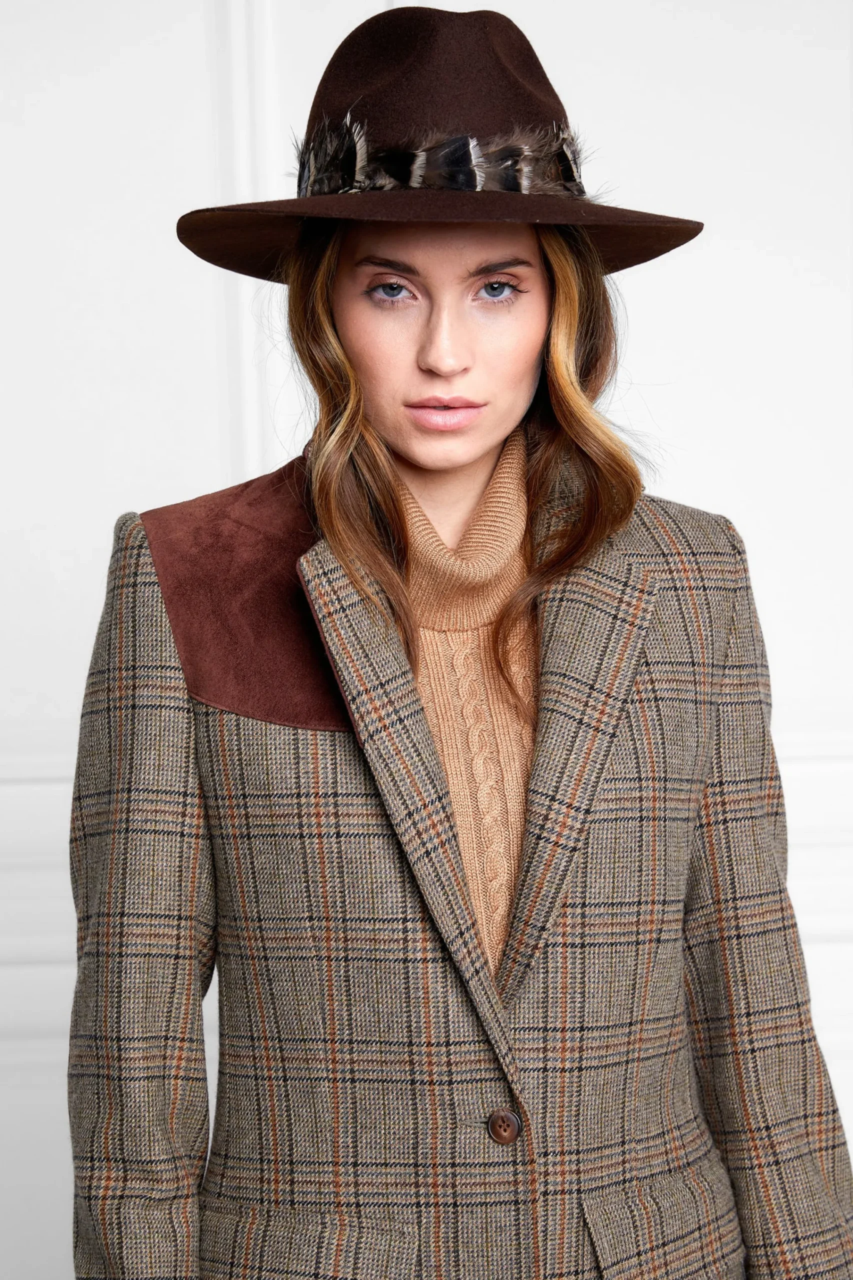 Holland Cooper Trilby Hat Iridescent Feather Band Chocolate Clearance