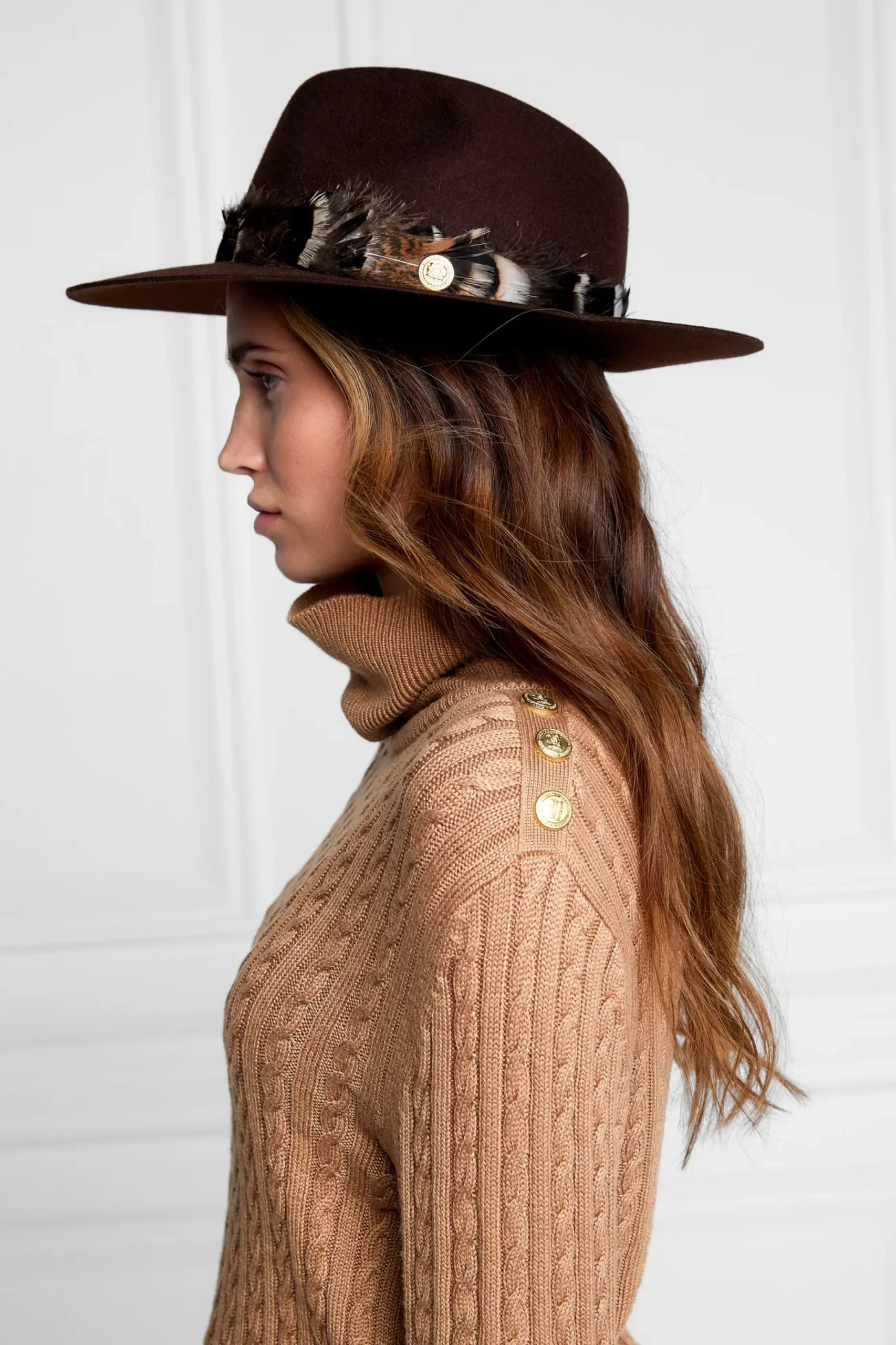 Holland Cooper Trilby Hat Iridescent Feather Band Chocolate Clearance