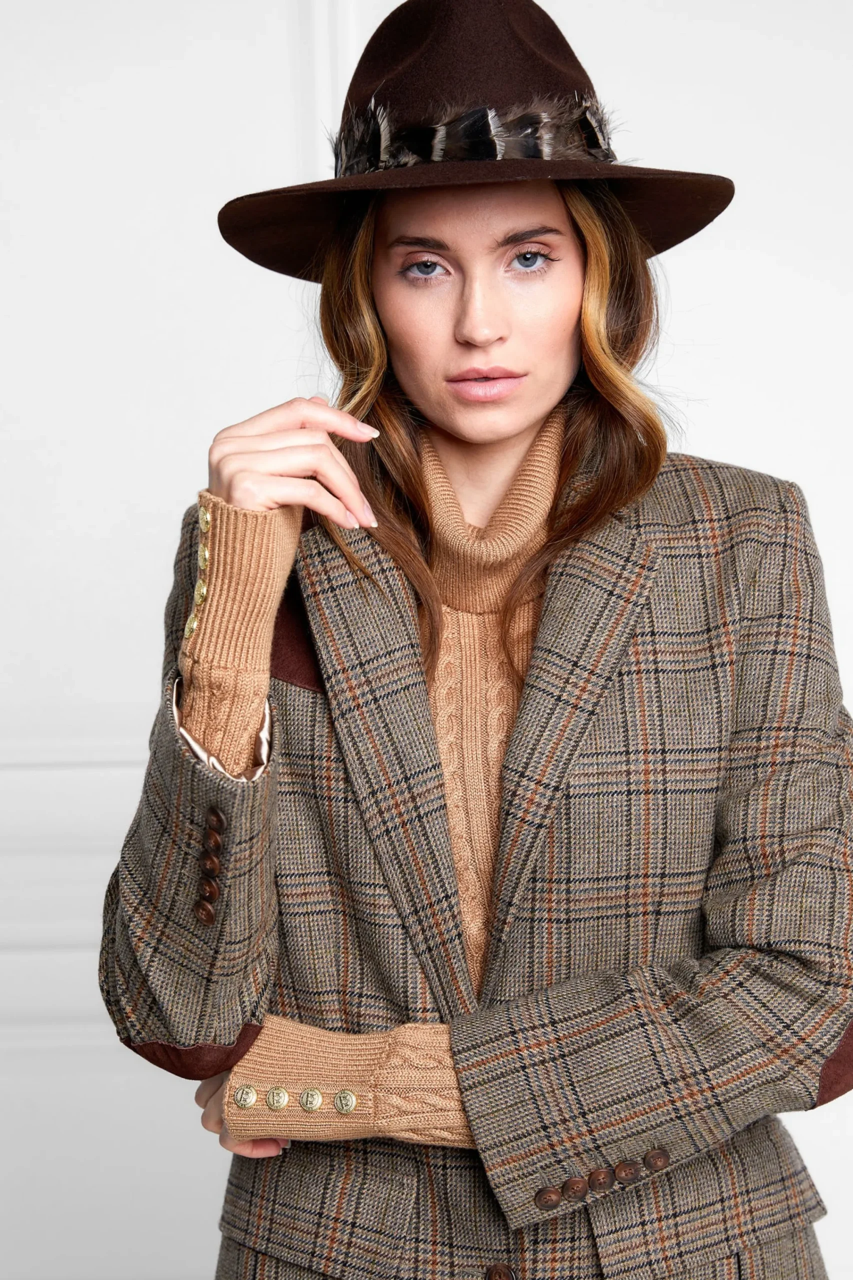 Holland Cooper Trilby Hat Iridescent Feather Band Chocolate Clearance