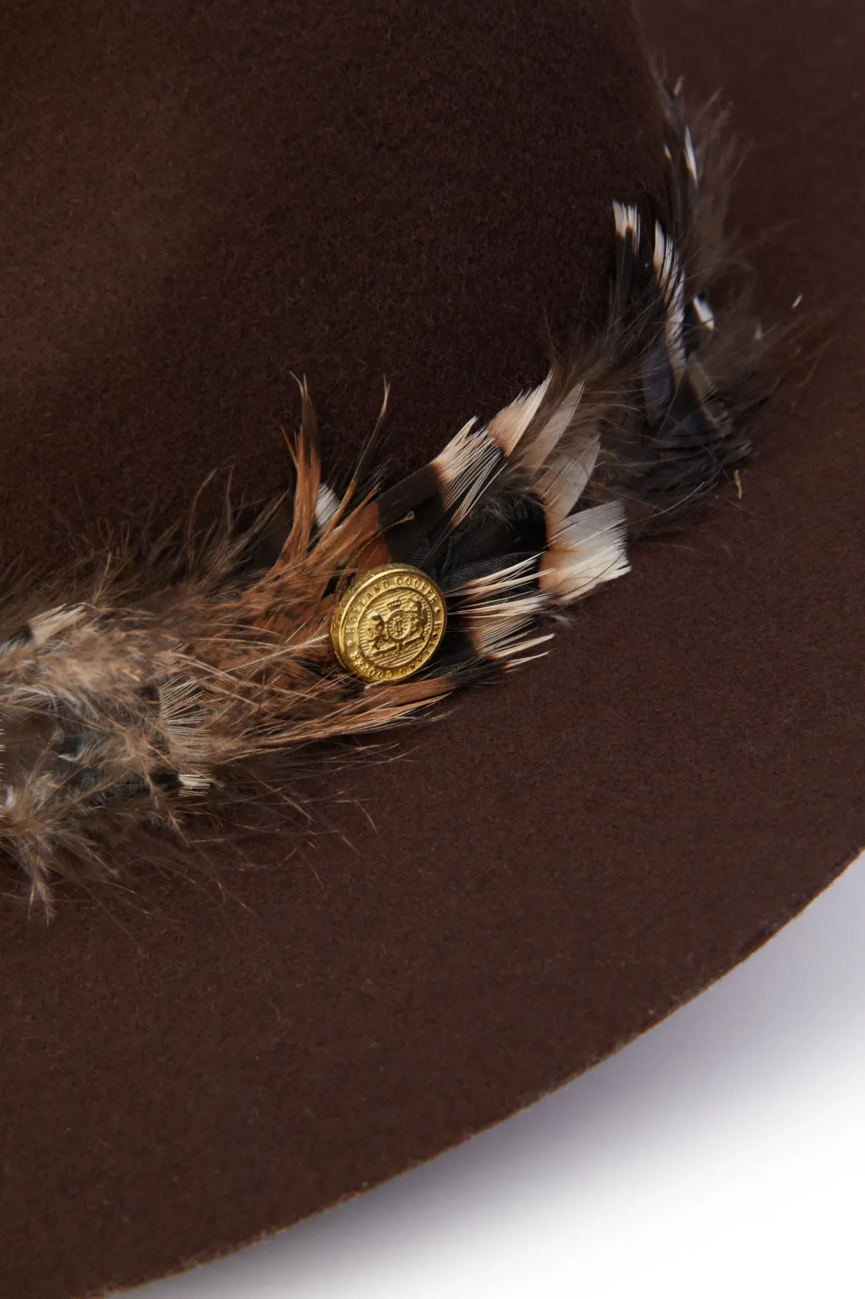 Holland Cooper Trilby Hat Iridescent Feather Band Chocolate Clearance